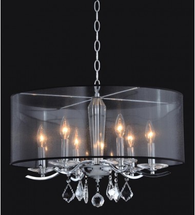  6 Light crystal chandelier (E12) candelabra 40w black organza shade w/chains (1132C6-BK)