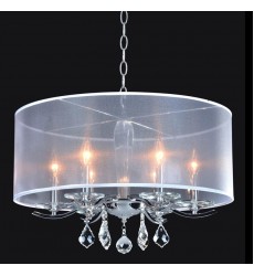  6 Light crystal chandelier (E12) candelabra 40w white organza shade w/chains (1132C6-WH)