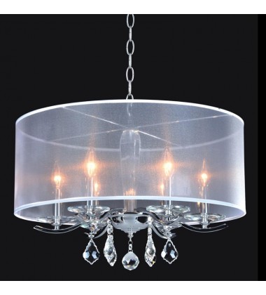  6 Light crystal chandelier (E12) candelabra 40w white organza shade w/chains (1132C6-WH)