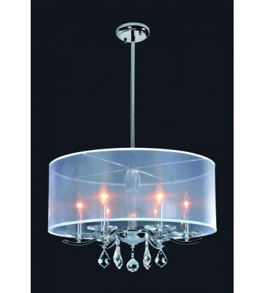  6 Light crystal chandelier (E12) candelabra 40w white organza shade w/rods (1132C6-WH-R)