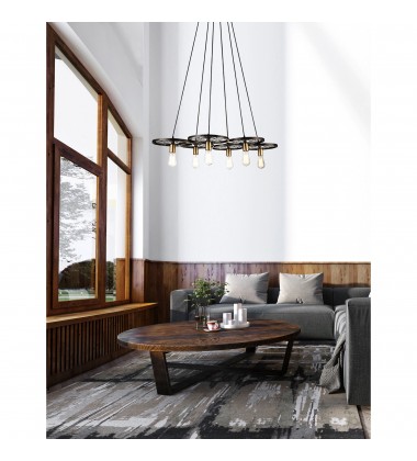  Ravi 6 Light Down Chandelier With Black & Gold Finish (9699P41-6-194) - CWI
