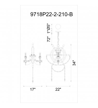  Manor 2 Light Up Chandelier With Speckled copper Finish (9718P22-2-210-B) - CWI