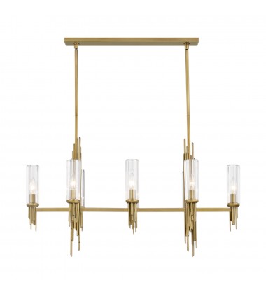 LP335838VBCR-Torres 38-in Ribbed Glass/Vintage Brass 8 Lights Linear Pendant  LP335838VBCR-Torres 38-in Ribbed Glass/Vintage Brass 8 Lights Linear Pendant